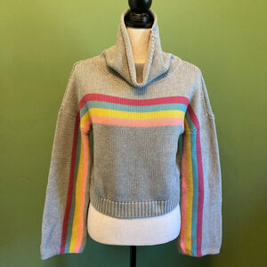 Teen Girls or XS adult Tea Gray Rainbow Stripe Cowl Neck Sweater XL